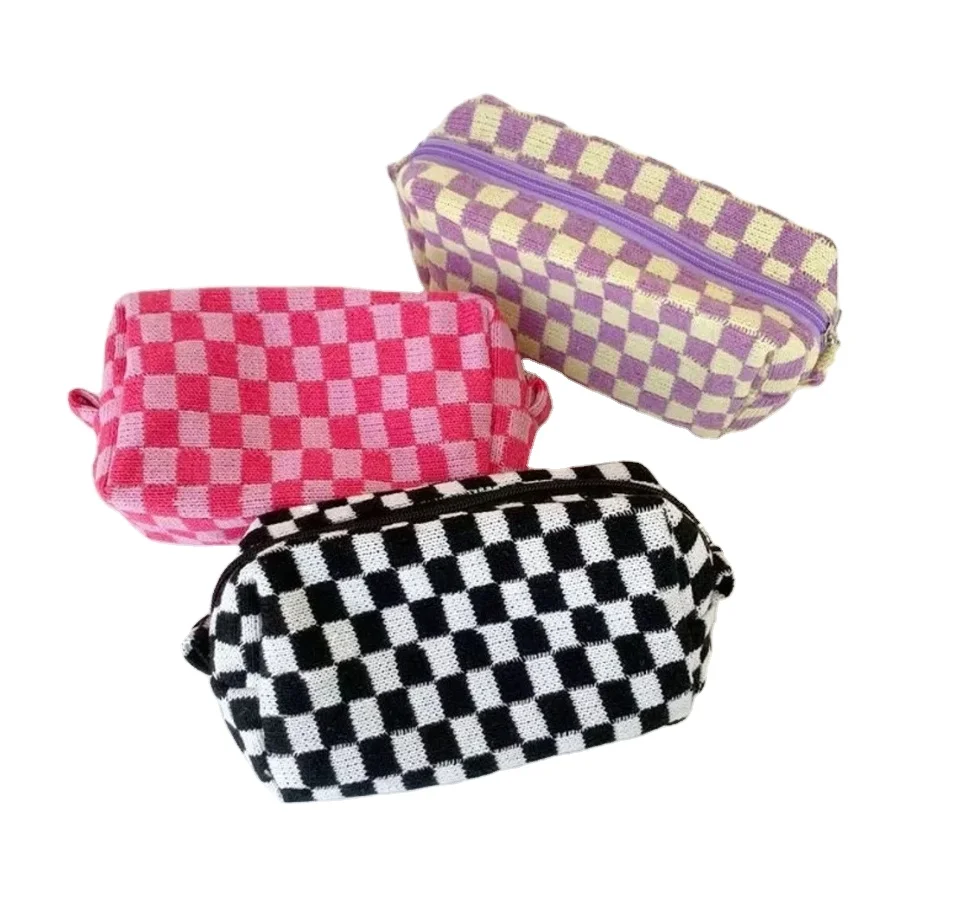 Personalized Chenille Patch Checkered Cosmetic Bag Checker Travel Makeup Bag