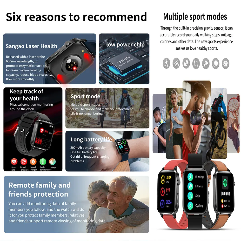 Smart diebetes recover watch 4 colors 650nm amoled laser acupuncture treatment therapeutic health therapy wrist smart watch