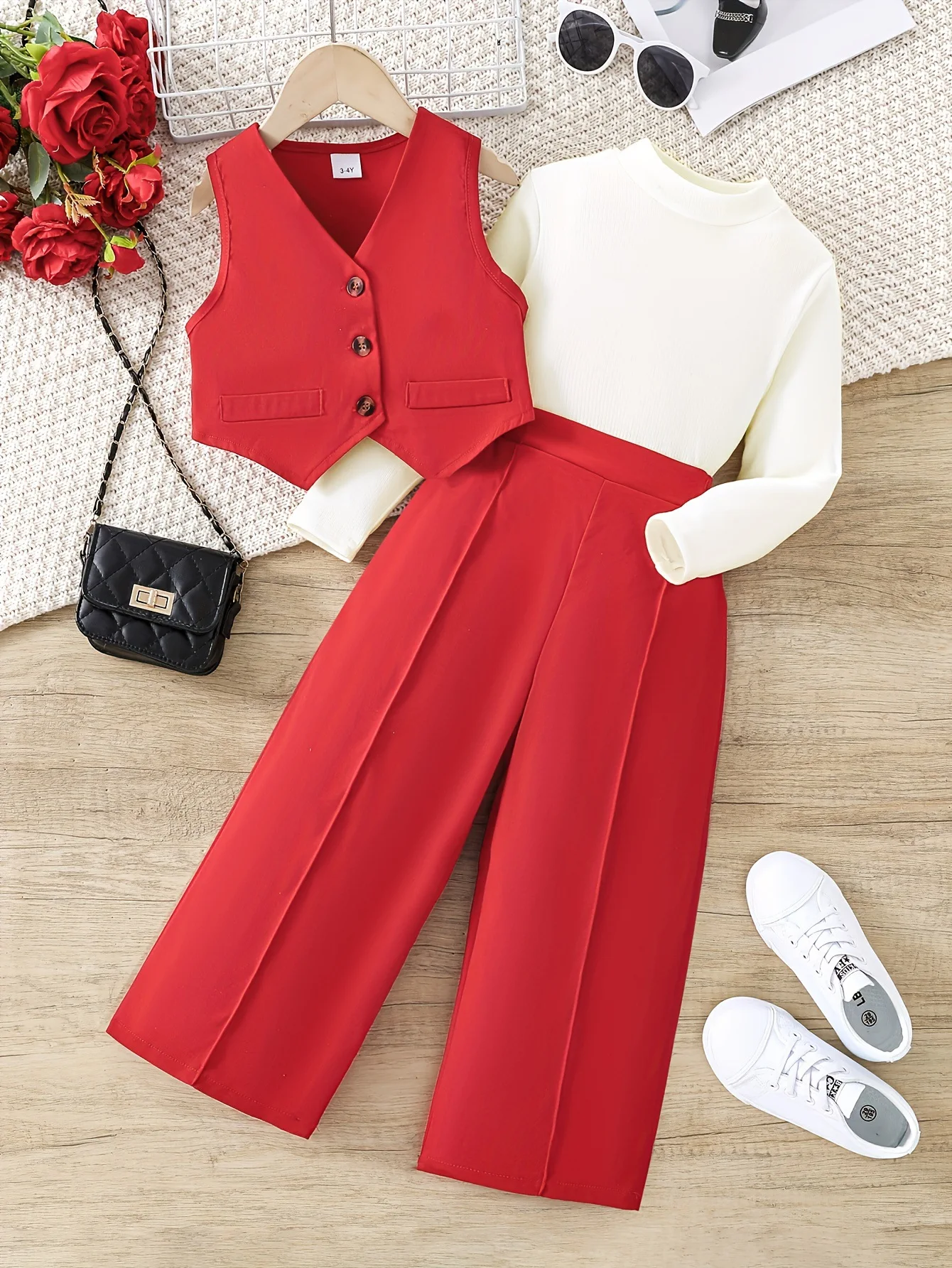 New fashion 3Pcs girls clothing sets solid long sleeve t-shirt +sleeveless vest suit + pants outfits for girls