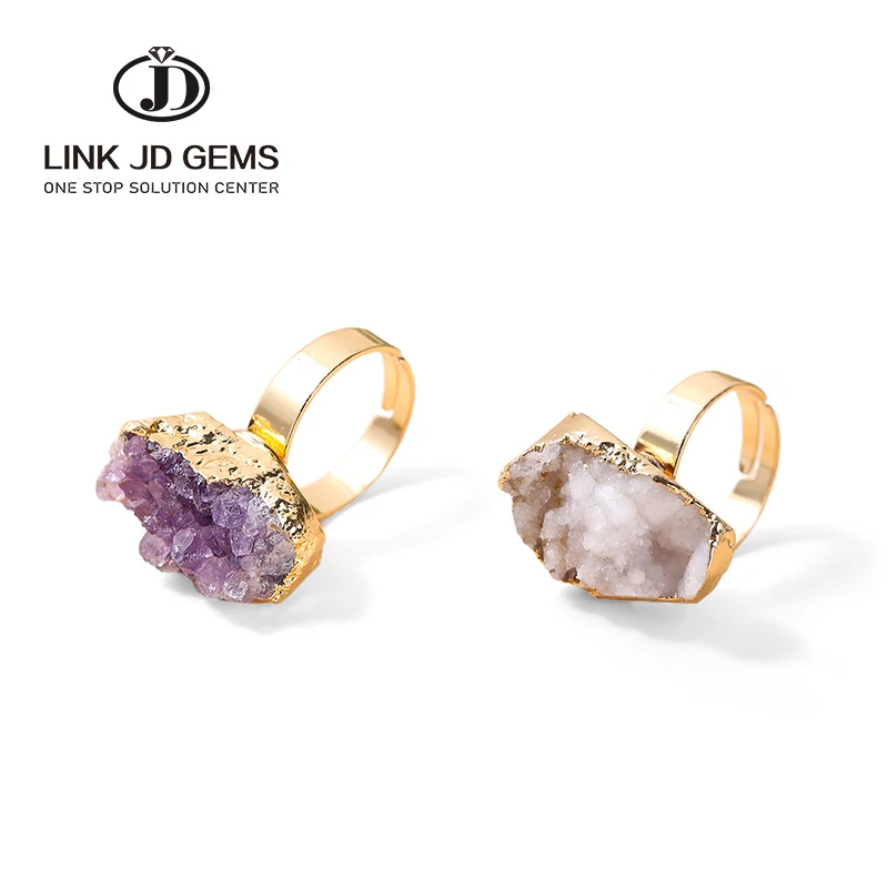 Женские восстанавливающие регулируемые подарки для вечеринки рейки, асимметричные натуральные кластеры аметиста, открытые кольца из грубого камня с золотым покрытием