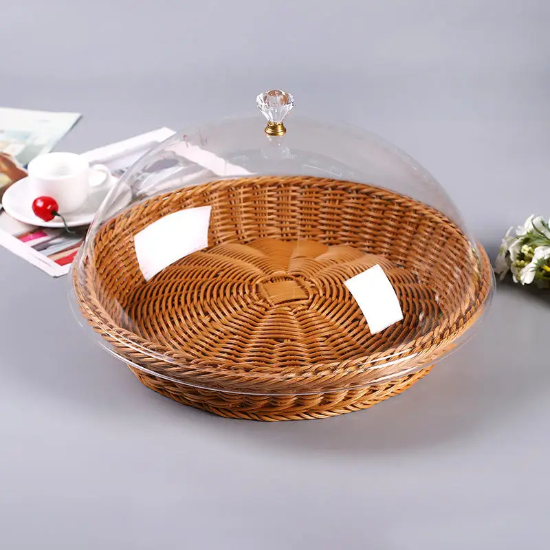 Desk Bread Organizer Basket Tray Stackable Kitchen Woven Japanese Style Hollow Fruit Plastic  PP Rattan Storage Baskets with Lid