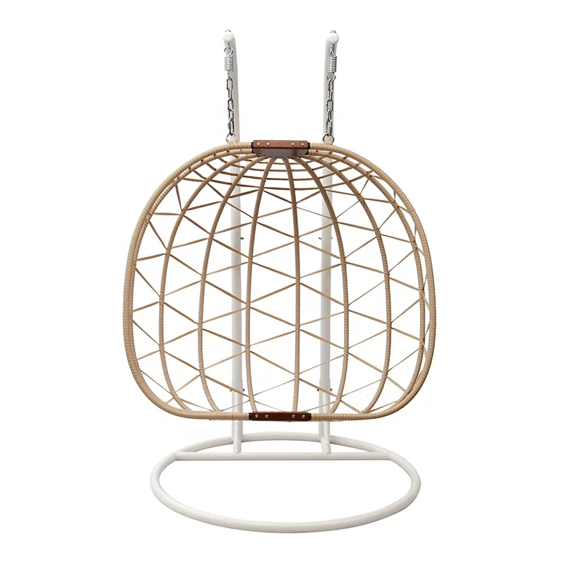 Brown Wicker Beach Furniture Outdoor Porch Patio Garden Double Metal Rattan Swing Hanging Egg Chair with Stand