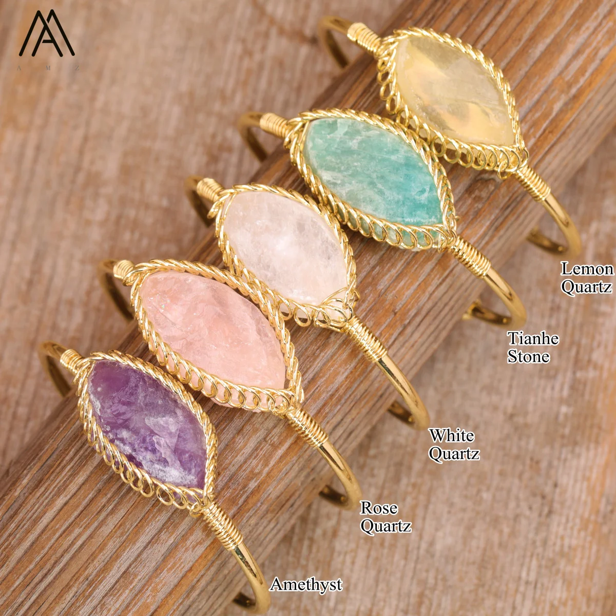 Crystal Bangle Bracelet for Women Jewelry , Horse Eye Shape Stone wire wrapped Bangles Boho Gifts