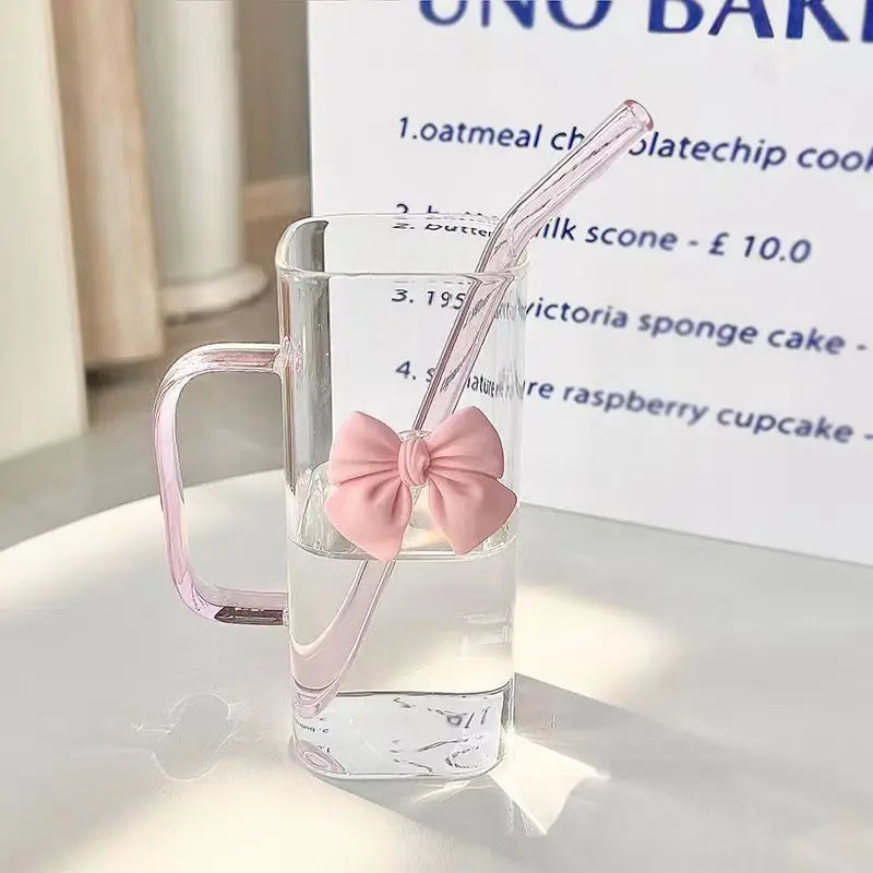 400ml Square Shape Bowknot Bow Design Girl Best Gift For Friend Glass Bottle Cup With Straw and lid