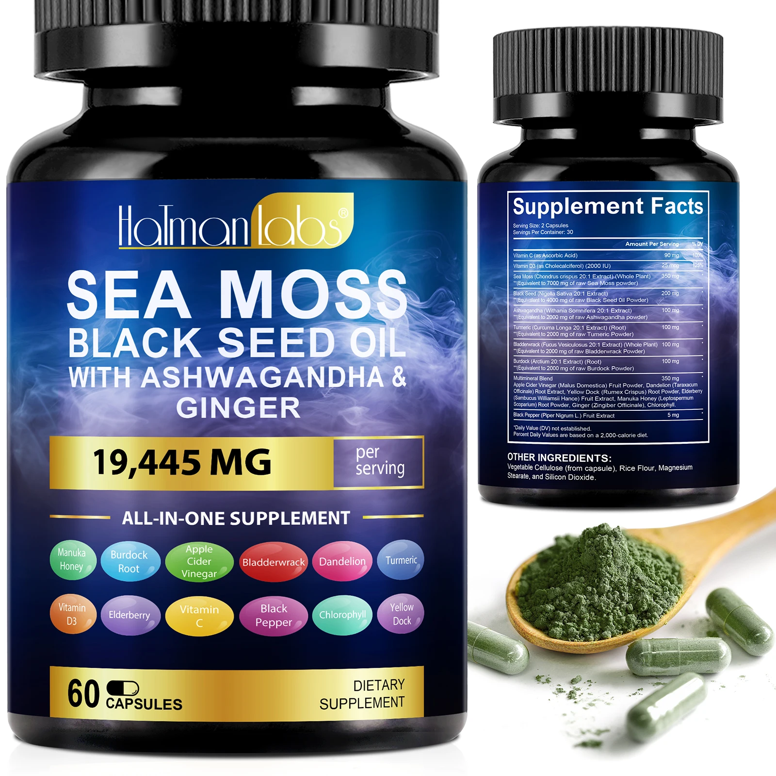 Hatmanlabs 60 capsules sea moss supplement sea moss capsules black seed oil sea moss ashwaganda capsules