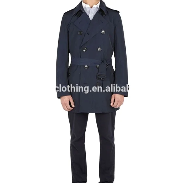 2014 fashion double breasted belted short navy blue trench coat men