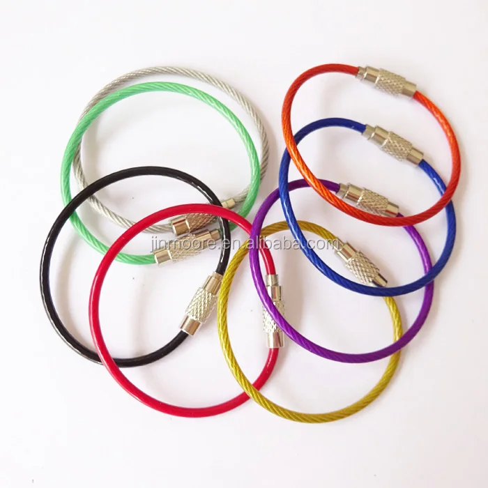 Colored Stainless Steel Wire Keyrings Rope Keychain Tag Rope Wire Cable Loop Screw Lock Gadget Ring
