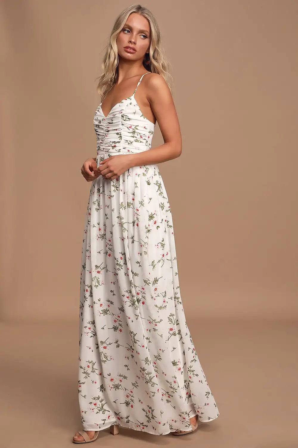 Top Sale Factory wholesale Fashionable Woven Chiffon V-neckline Floral Print Lace-Up Maxi Long Dress