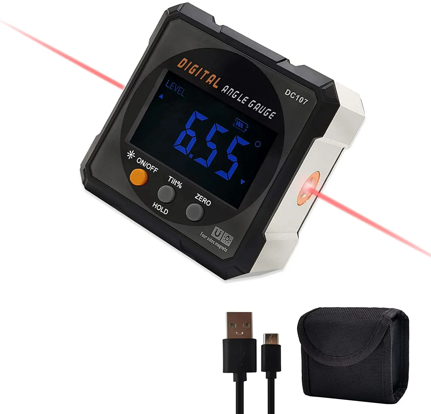 Four Side Magnets Electronic Protractor With Two- Sided laser digital inclinometer With Rechargeable Battery