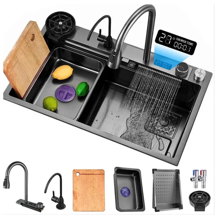Устойчивый к царапинам светодиодный цифровой дисплей водопад кухонная раковина нано ключ пианино 304 из нержавеющей стали