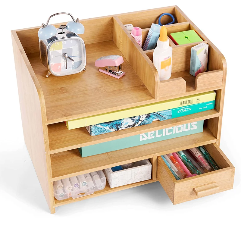 4 Tier Bamboo Desk Organizer with Drawers for Office Table Top Shelf