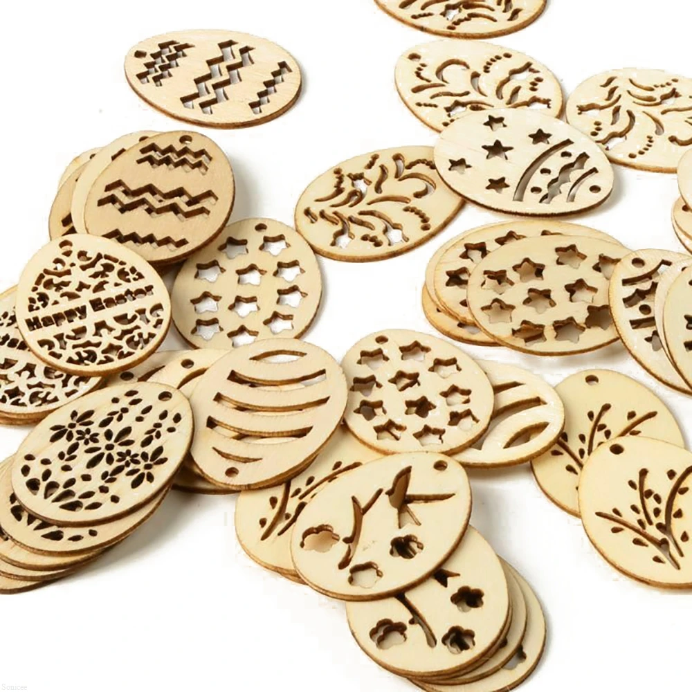50pcs Happy Easter Eggs Wooden Craft DIY Wood Chips Home Decor Hanging Easter Party Supplies Decoration Crafts Ornaments
