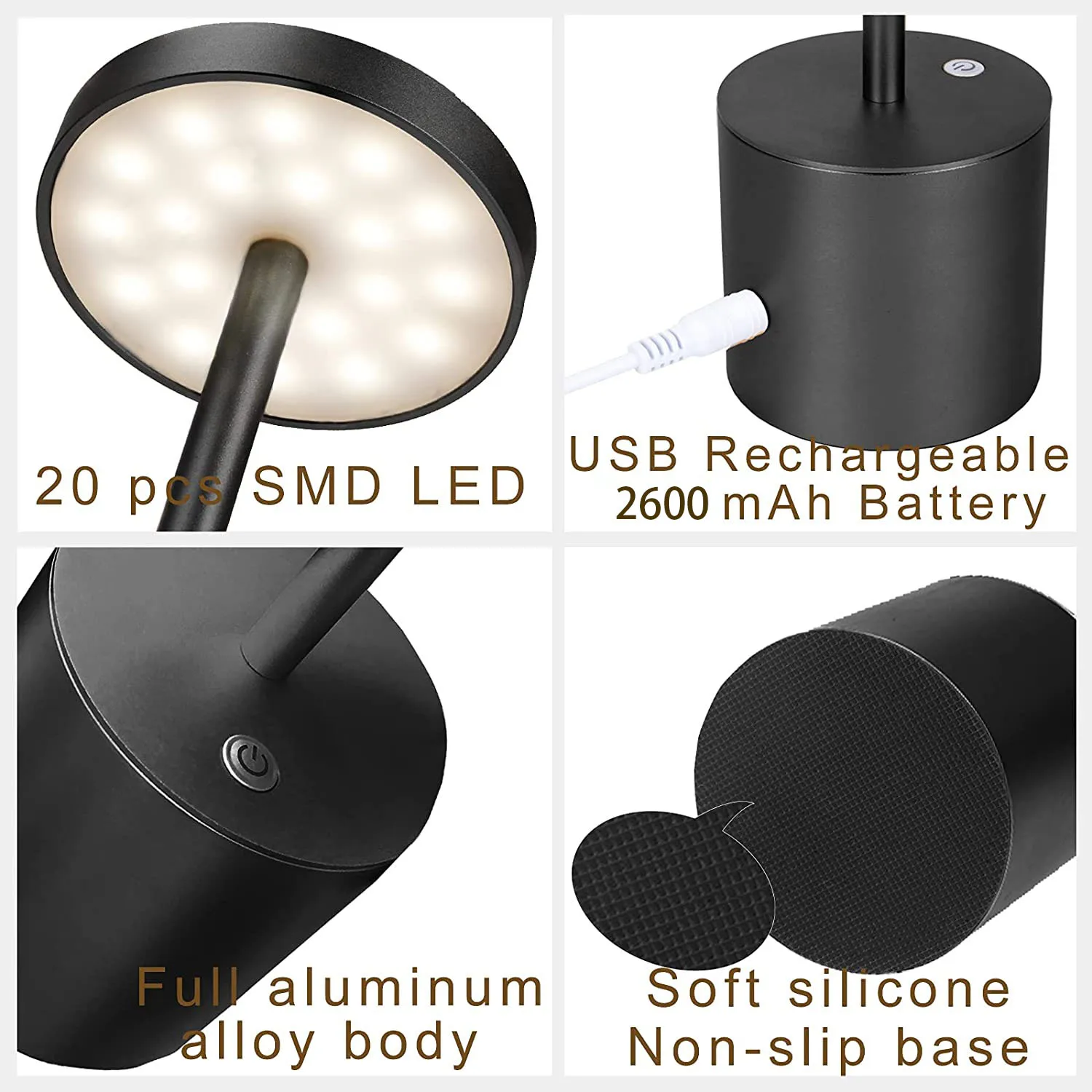 Hotel Style Energy Saving brass table lamp USB Rechargeable Battery LED Cordless Restaurant Table Lamp For Dinner