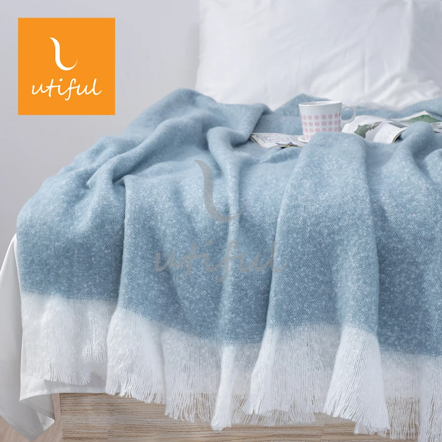 Ultra soft fluffy 2 tones warm polyester mohair throw blanket for sofa