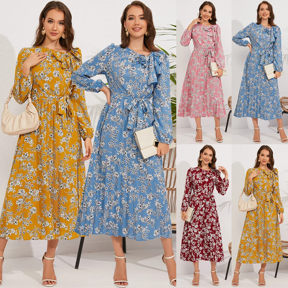 Fashion unique design bow collar women floral printed pleated hemline elegant women midi dress for autumn