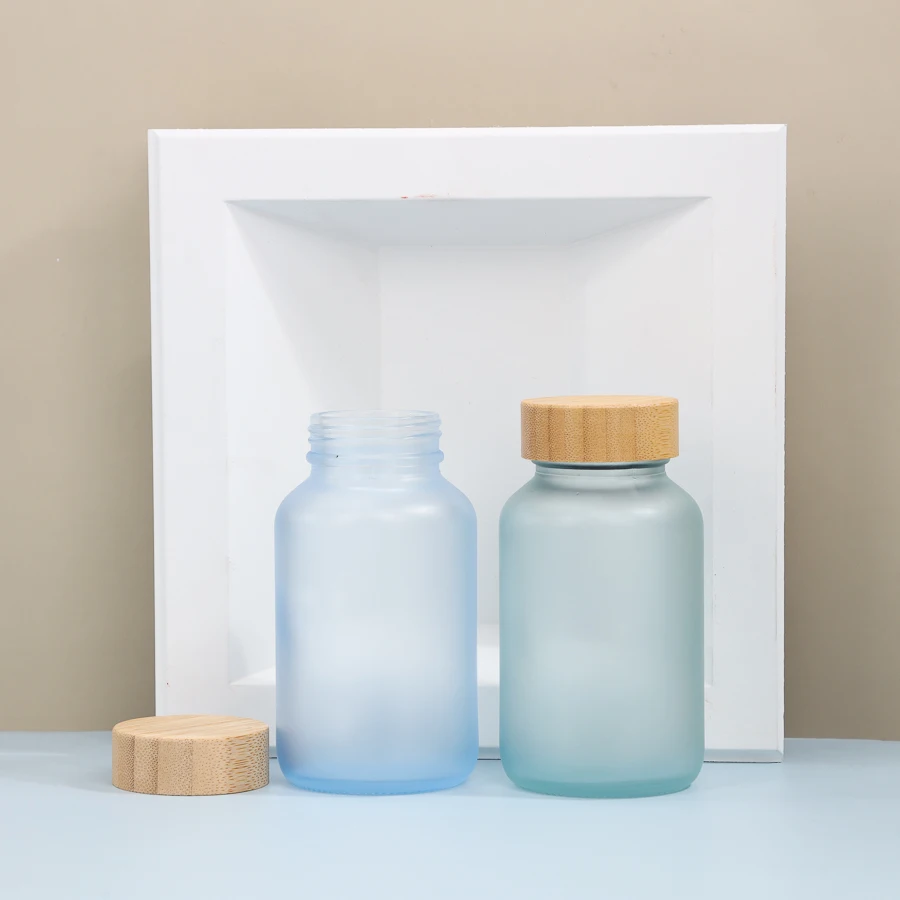200ml Matte Blue Glass Vitamin Supplement Bottle Luxury  Pill Capsules Bottle Gummy Container with Bamboo Lid