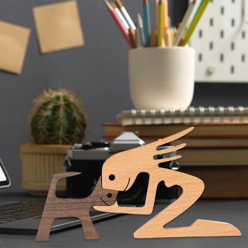 Family Puppy Wood Dog Craft Figurine Desktop Table Ornament Carving Model Creative Home Office Decoration Love Pet Sculpture