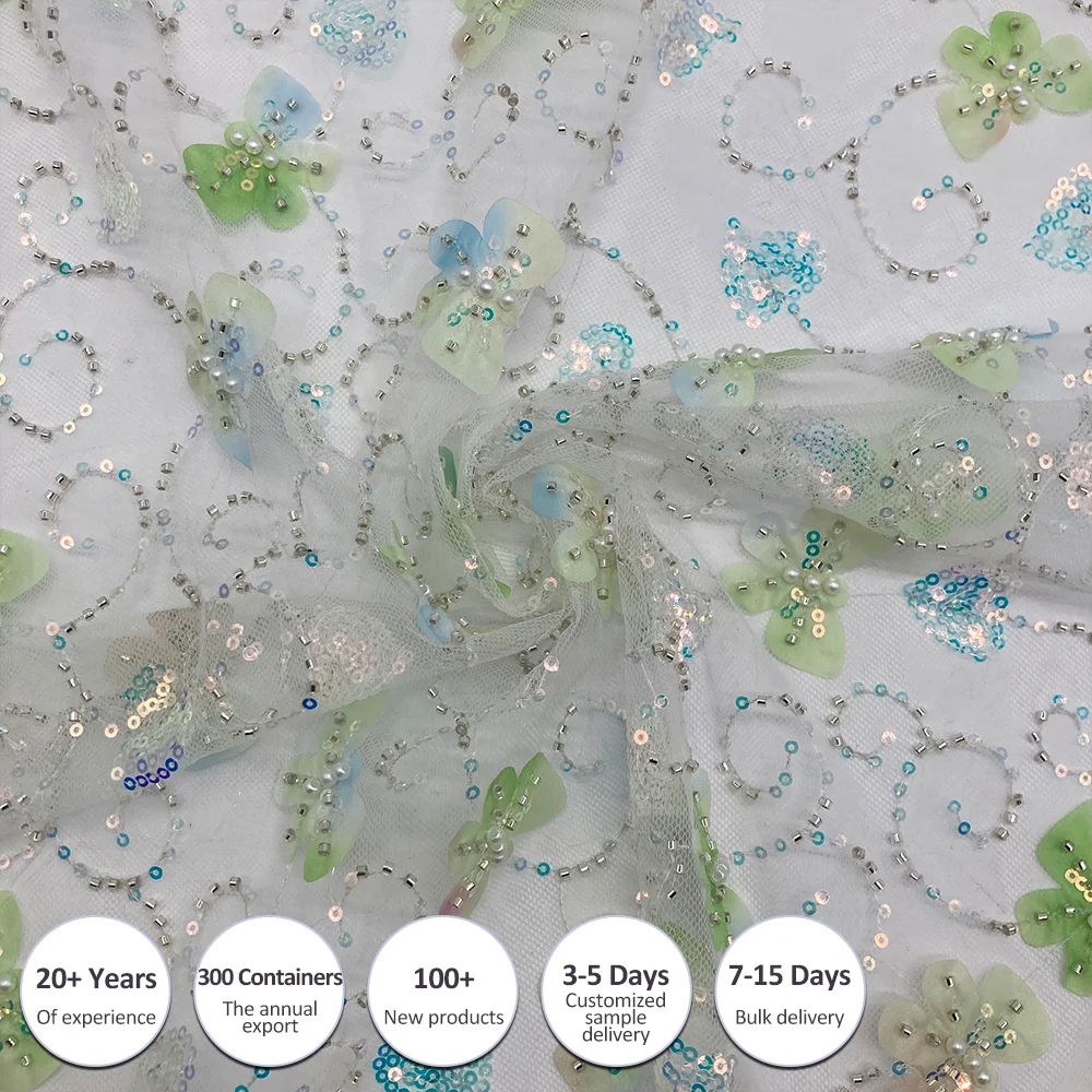 High Quality New Arrival 100% Polyester Tulle Mesh 3d Green Floral Sequin Embroidery Fabric For Dress