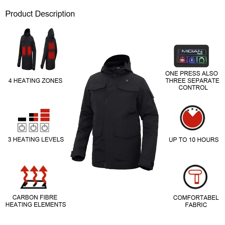 Midian plus size coats custom heated jacket men black jackets sport jackets mens black hooded camping & hiking wear
