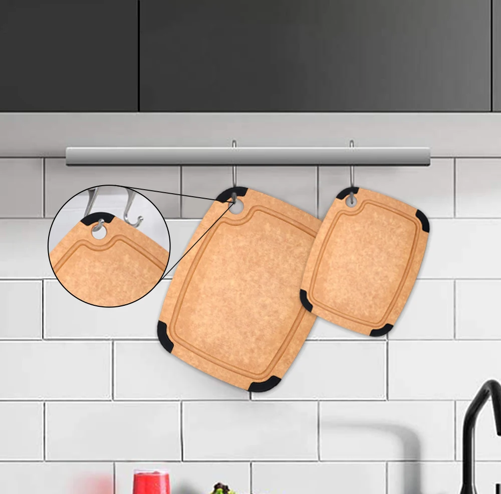 None Slip 100% Natural Wood Fiber Cutting Board with Groove and Silicone Corners for Kitchen