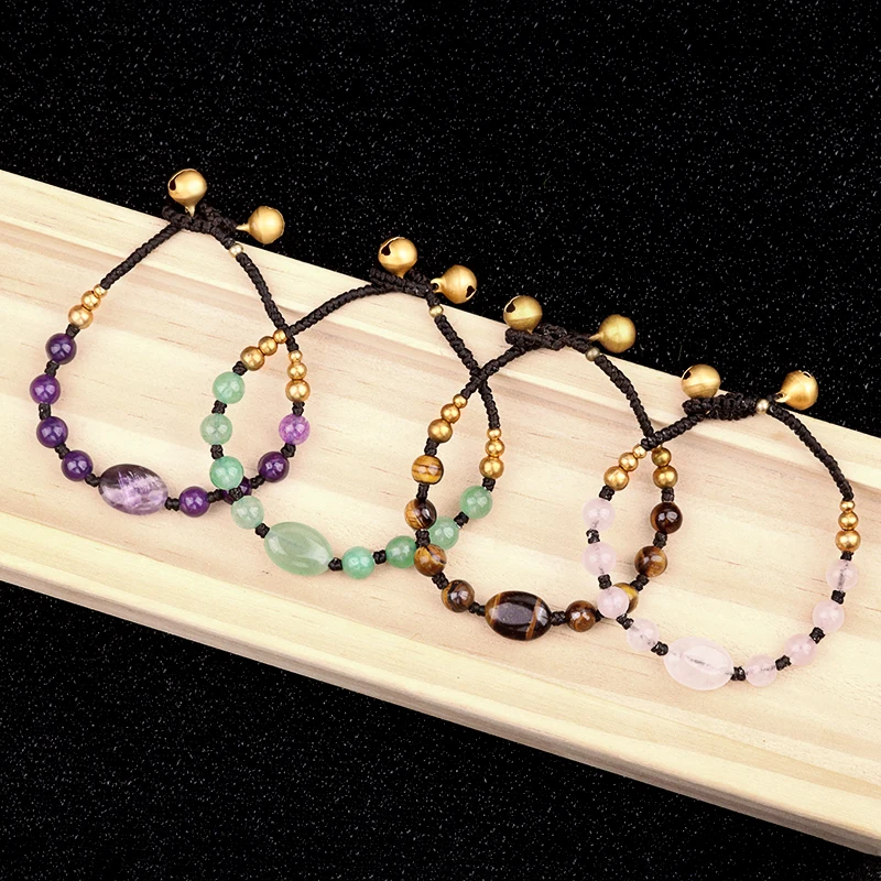 Hot Selling Hand Woven Multi-Color Round Bead Natural Stone Bracelet Adjustable Weaving Fashion Bracelet Bell Bracelet