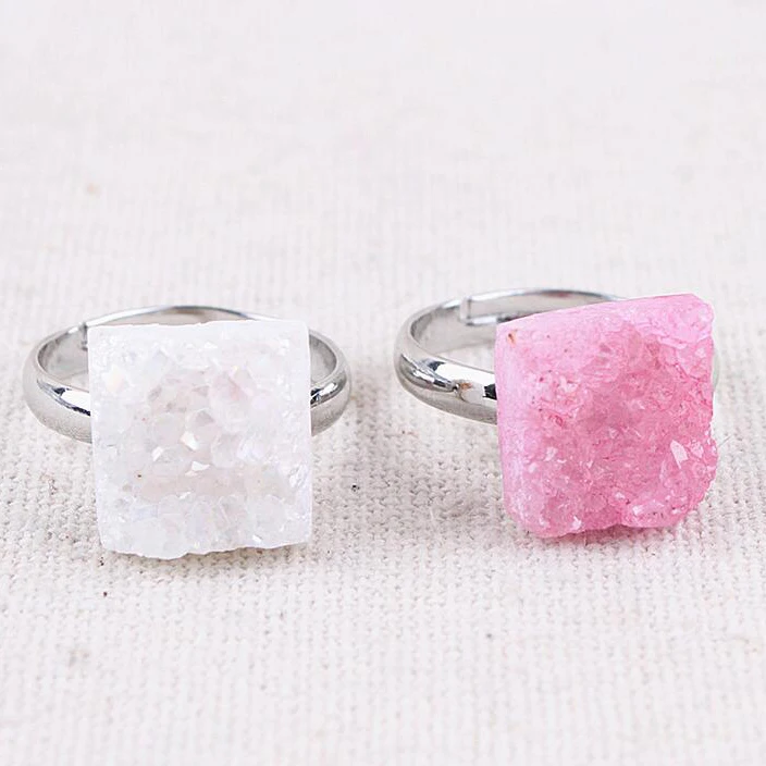 Fashion Accessories Jewelry Open square Crystal Natural Stone Druzy Ring Adjustable Gemstone Rings