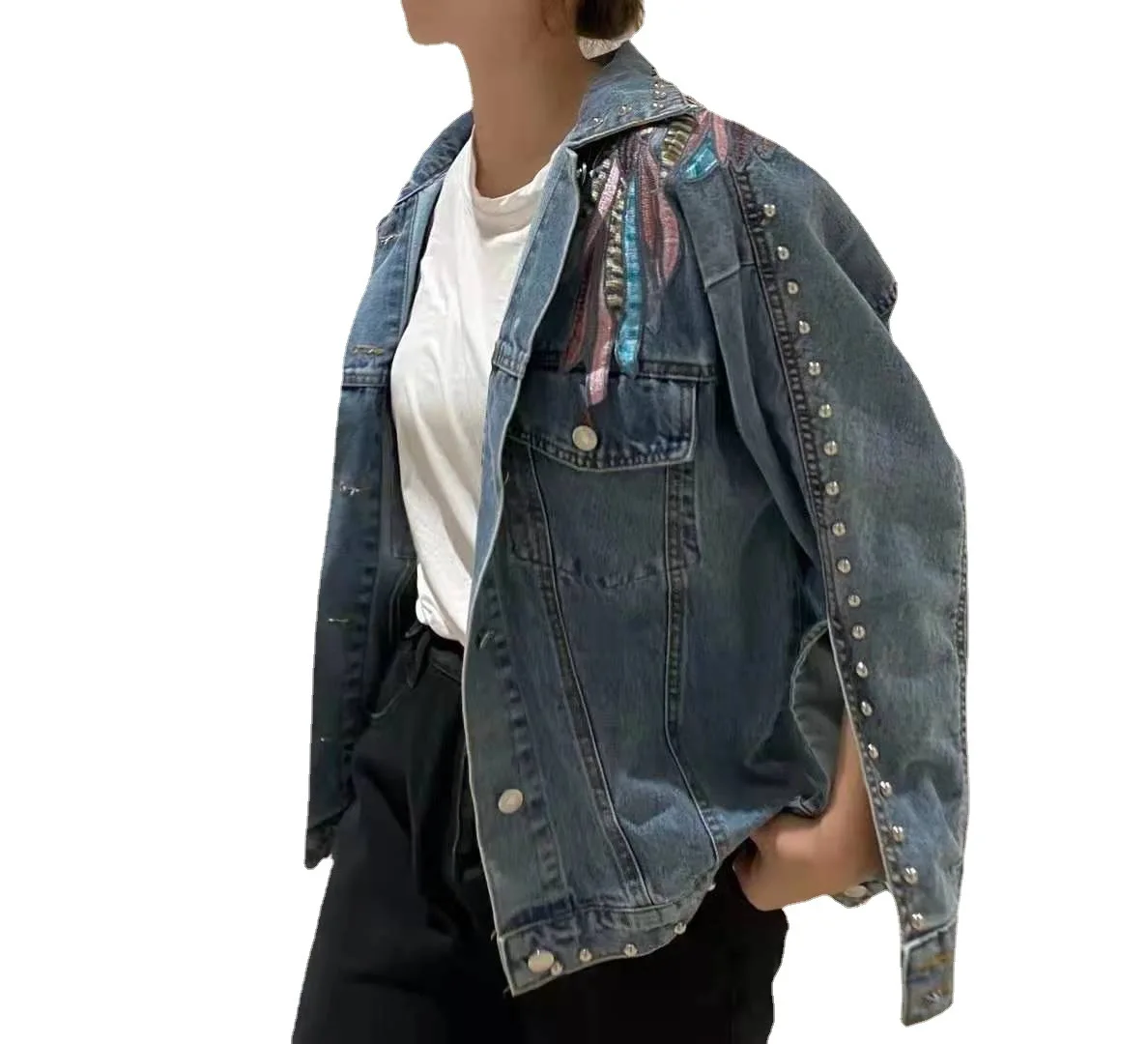 Fashion Brand 2023 Autumn New Machine Embroidery Tassels Loose-Fitting Fashion Denim Jacket for Women