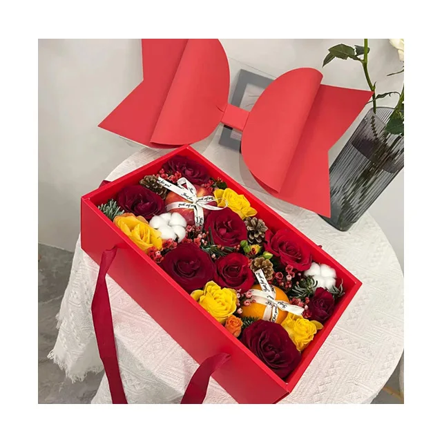 Ammy New arrive Flowers and fruits gift box net red bow red rose box pvc flower arrangement transparent hand folding cake box