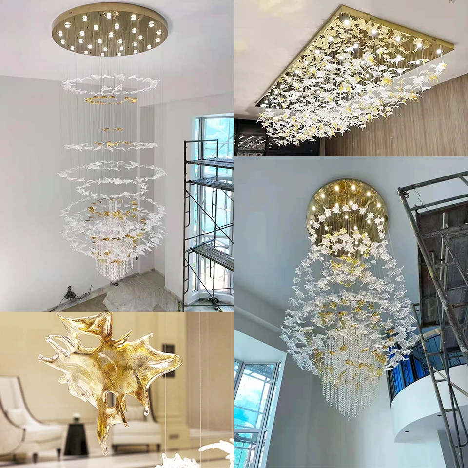 Hotsale Decor Transparent Leaf Shape Lobby Villa Hotel Purple Yellow Chandelier Murano Glass for Project case Custom