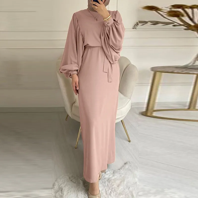 Fashion Islamic Muslim Ladies Dress Clothing Turkey Solid Color Lantern Sleeve Round Neck Robe Puls Size Dubai Abaya Women