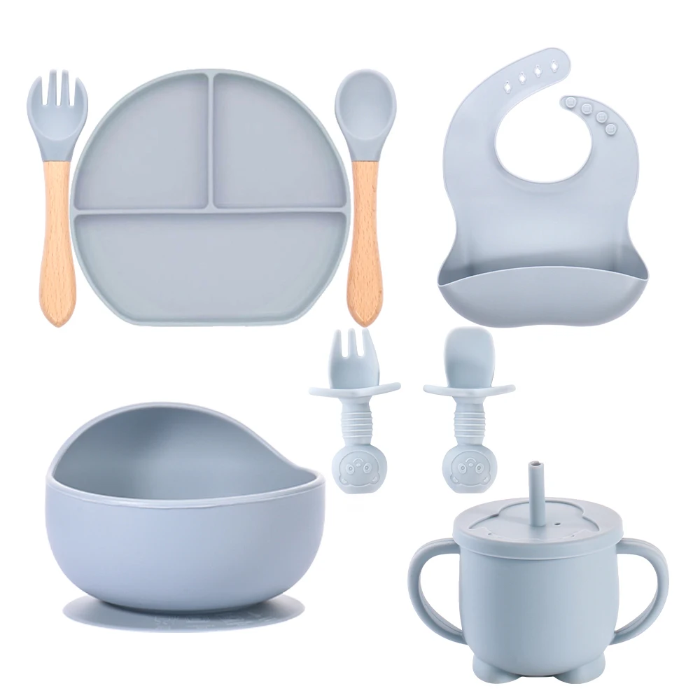 100% Bpa Free Baby Feeding Supplies Kids Dining Tableware Spill Proof Plate Bowl Bib Spoon Baby Silicone Feeding Set