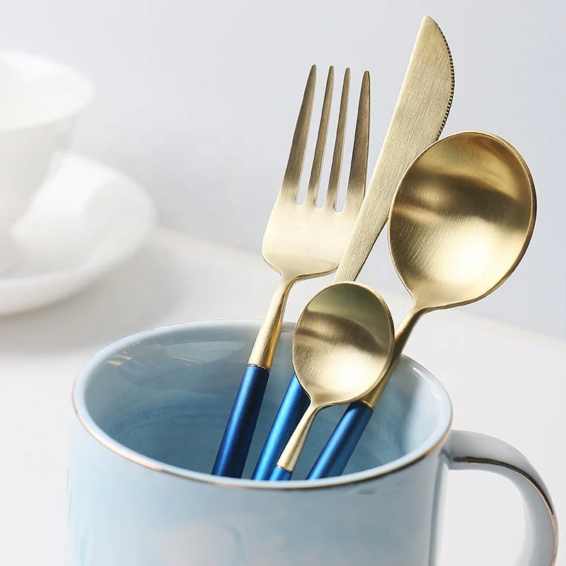 
2021 new arrivals customizable logo hot selling cutlery stainless steel blue gold flatware, spoon and fork 
