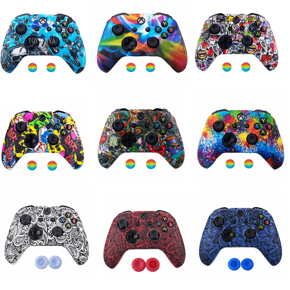 Camouflage Camo Silicone Protective Skin Case Rubber Cover Sleeve +2 Thumb grips  for XBox One X S Controller Game Accessory