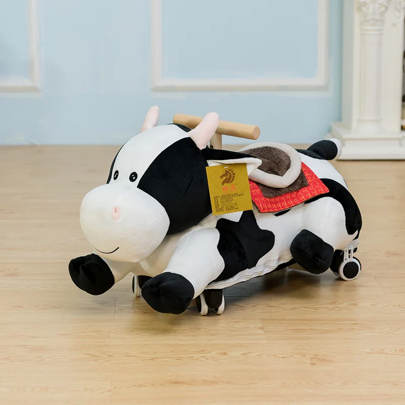 Material Cartoon Stuffed Animal Riding Cow Dog Toy On Wheel Plush Soft Baby Toddler Rocking Cartoon Sliding Ride On Toy