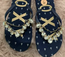 Custom Logo Women  Diamonds Straps Luxury Beach Wedding Flip Flops Slippers