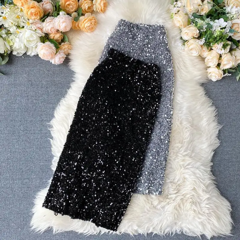 Best selling spring summer fashion black sexy sequins hip skirt elegent women high waist skirts