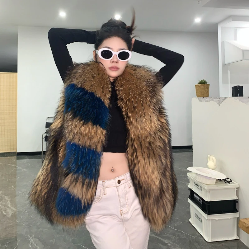 Winter New Arrival High Quality Fluffy Raccoon Fur Gilet With Fur Collar Women Winter Real Raccoon Fur Vest Coat