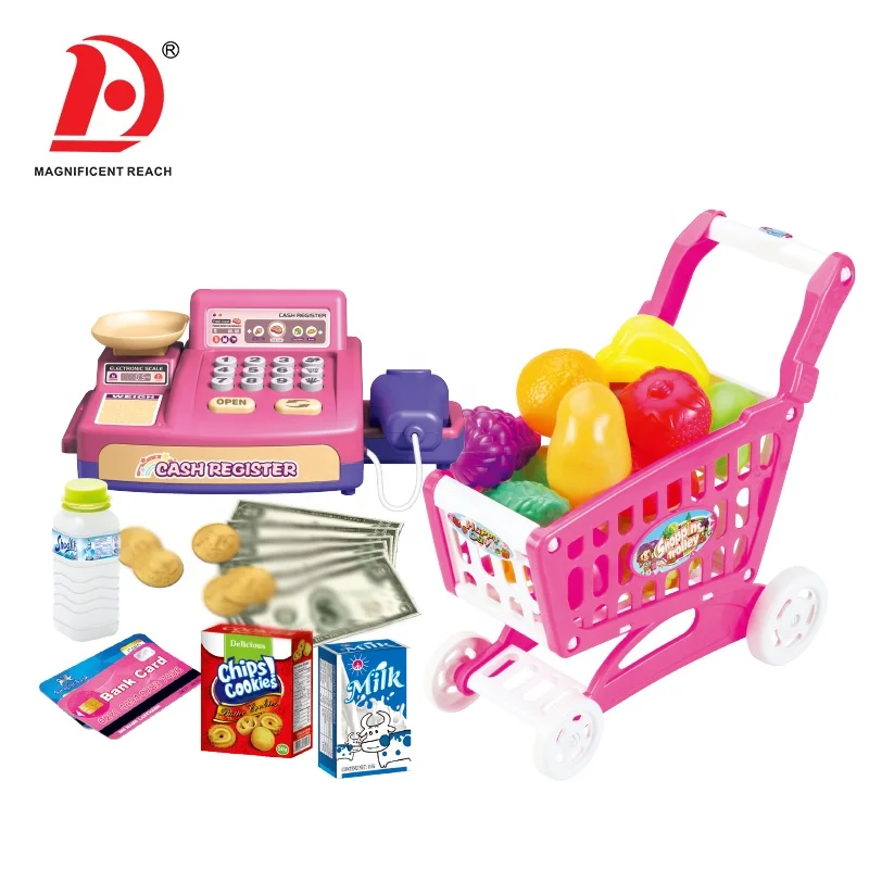 HUADA 2023 Funny Girls Pretend Play Toy Electric Cash Register And Shopping Trolley Set