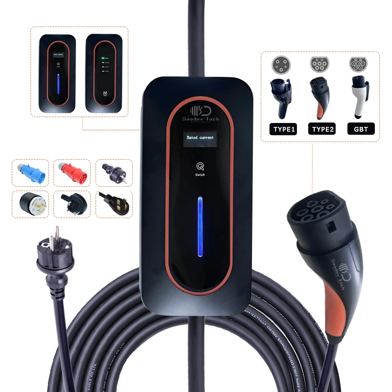 Level 2 EV Electric Car Home Charger Amp Adjustable 8A 10A 13A 16A 3.6KW 250v With Type 2 Type 1 GB/T