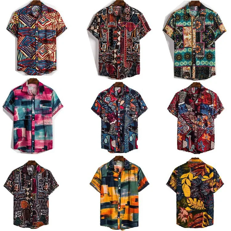 Летняя новая стильная льняная рубашка с коротким рукавом, мужские рубашки в этническом стиле с цветочным принтом