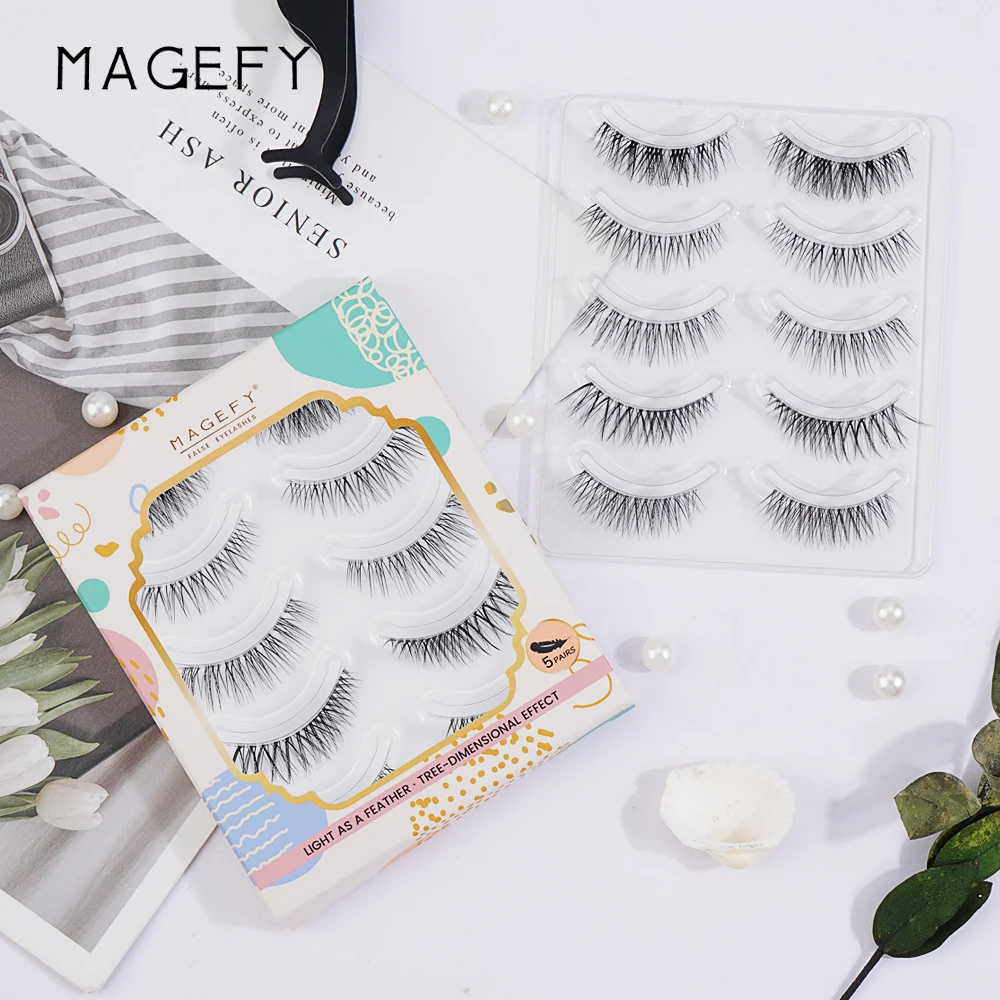 MAGEFY false eyelashes manufacturer wholesale custom cat eye faux mink lashes mixed tray clear band 5 pairs false eyelashes
