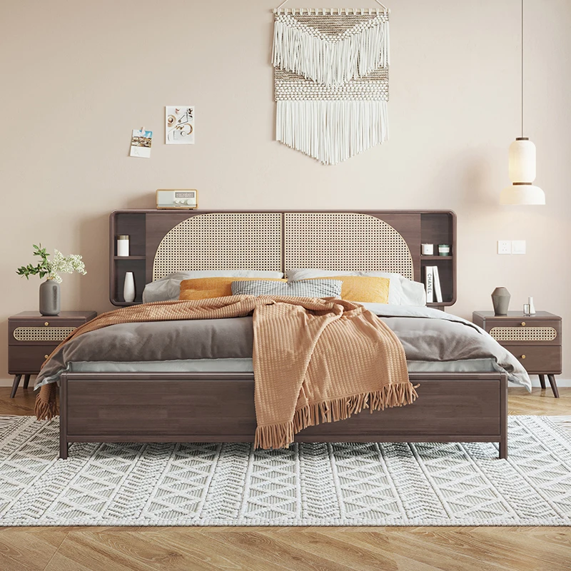 Classic home furniture bedroom solid wooden rattan beds frame king size double bed frame bedroom furniture