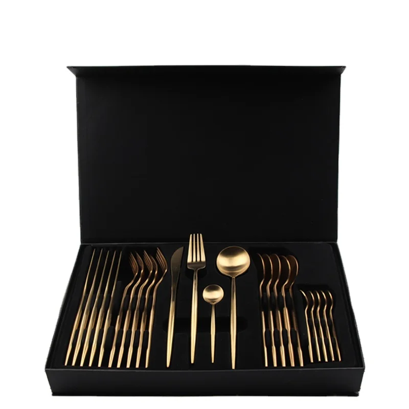 24 Piece Gold Plated Stainless Steel Flatware Set  for 6 people, gift sets with Premium box Knife Forks and Spoon