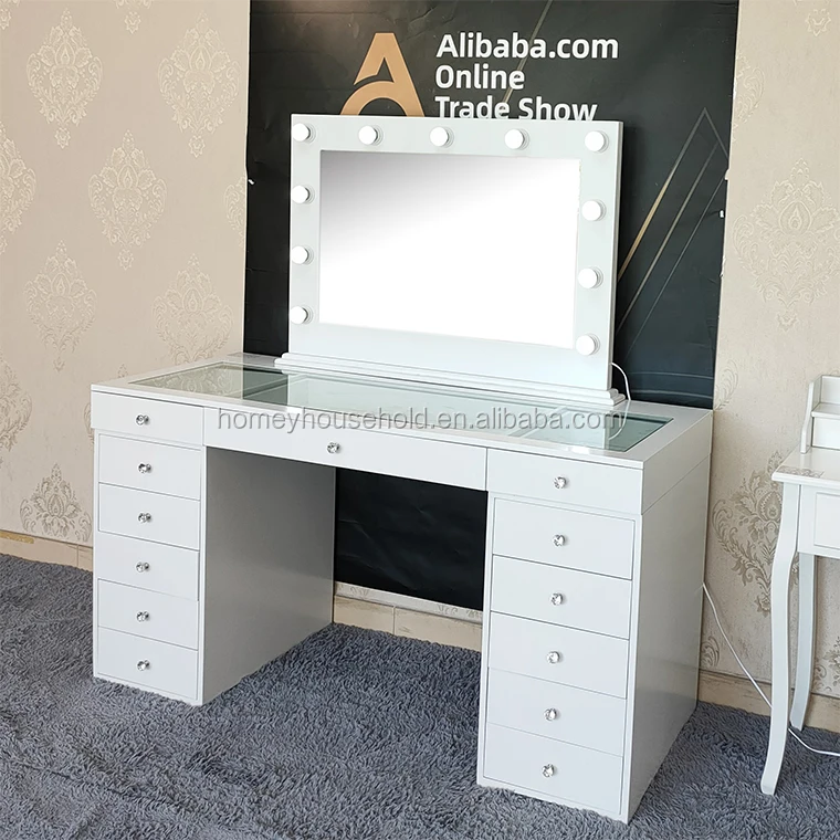 
2020L makeup working table dressing table with drawers wooden vanity table with led mirrors bathroom hair styles lighted mirror 