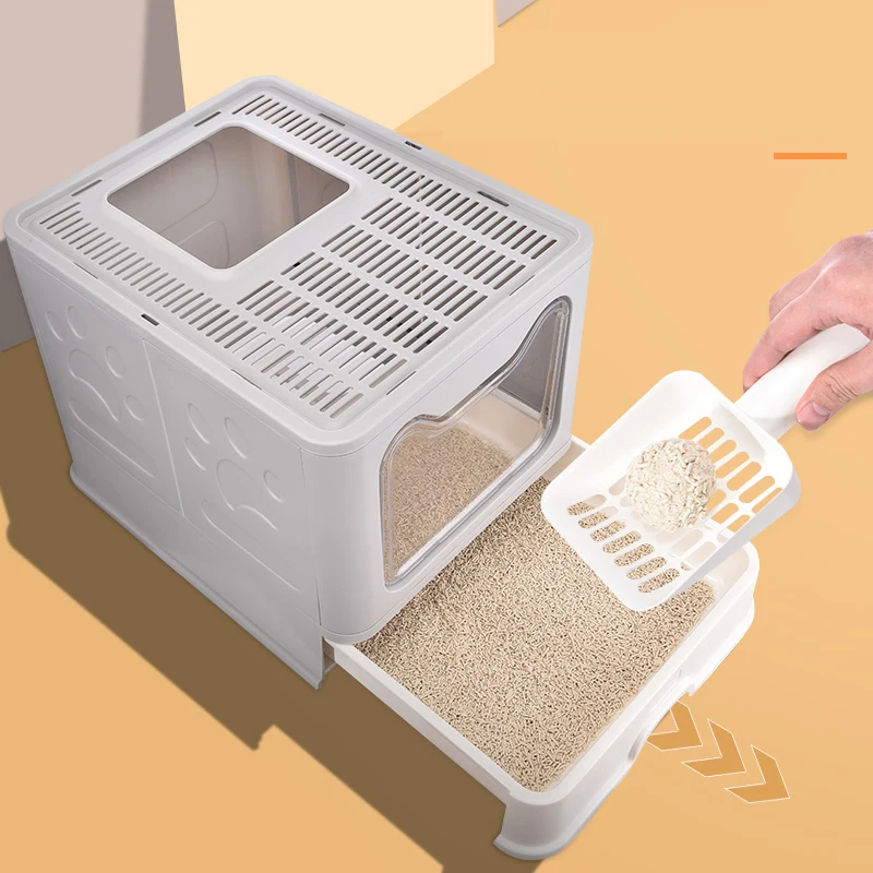 Custom Logo Foldable Cat Litter Box Toilet Tray Large Space White Pull Out Covered Sand Box for Cats