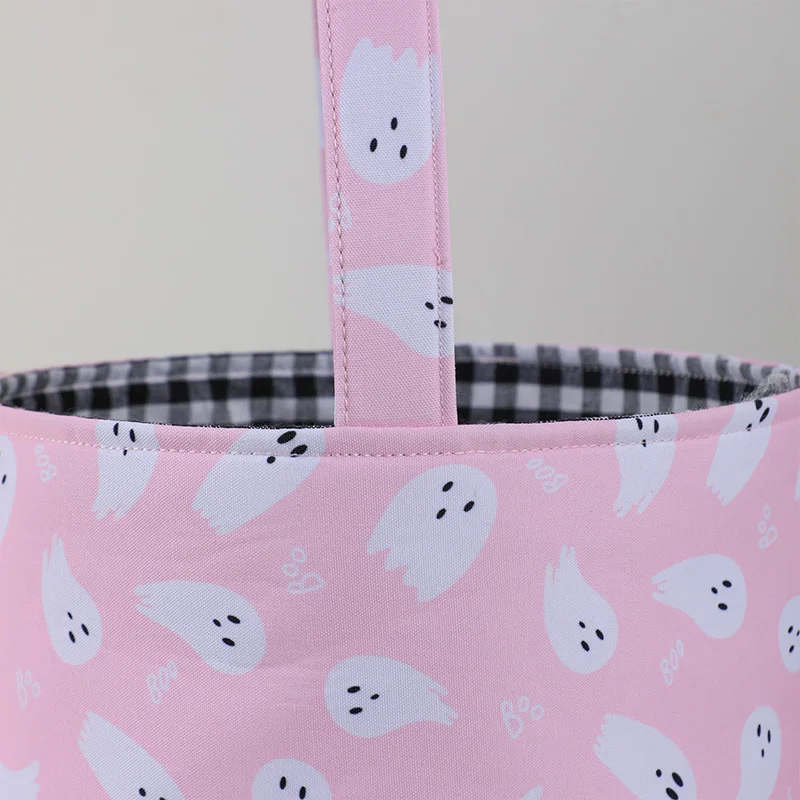 Wholesale Cute Kids Gingham Trick Or Treat Candy Bucket Reversible Ghost Halloween Basket