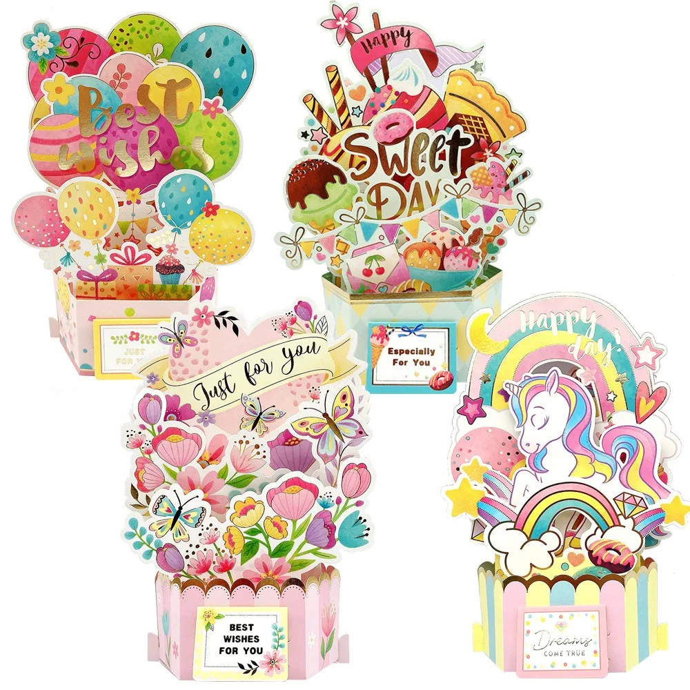 Happy Birthday Card for  Kids 3d flowers Pop-Up Greeting Cards Postcards Gifts with Envelope