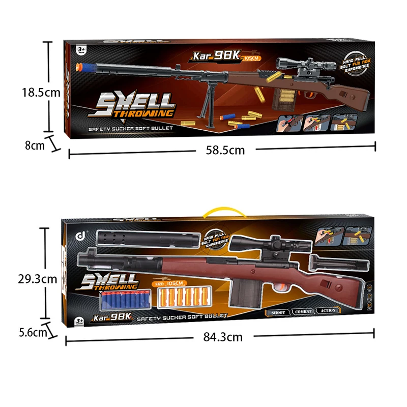QS Factory Plastic Children Shooting Game Shell Throwing Pistol Manual Blaster Safety EVA Soft Bullet 98K Sniper Rifle Toy Gun