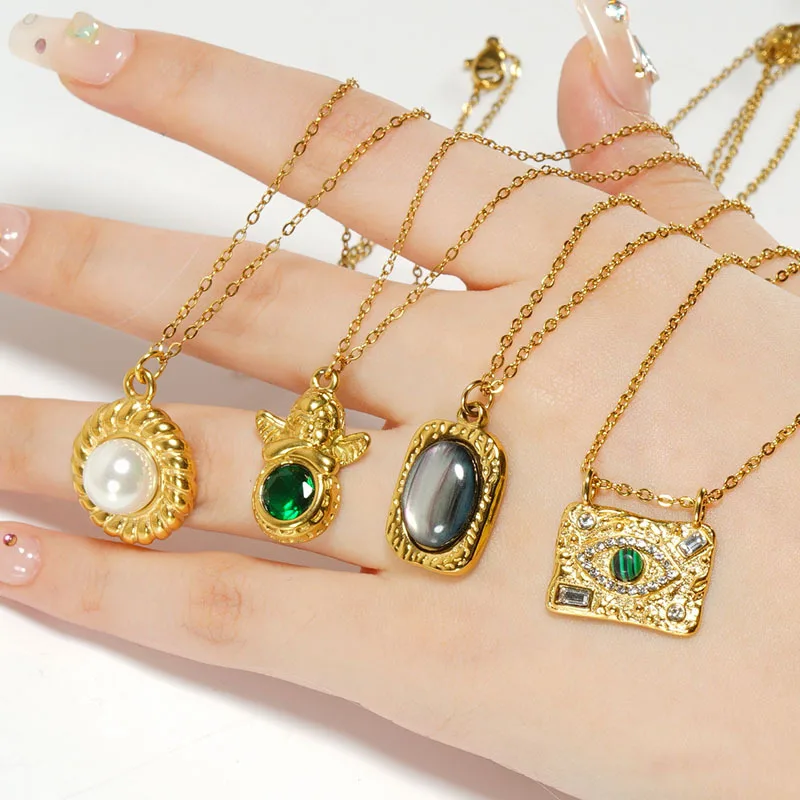 China wholesale zircon Pendant Low price fashion 18K Gold plating stainless steel necklace fresh water pearl Malachite necklace