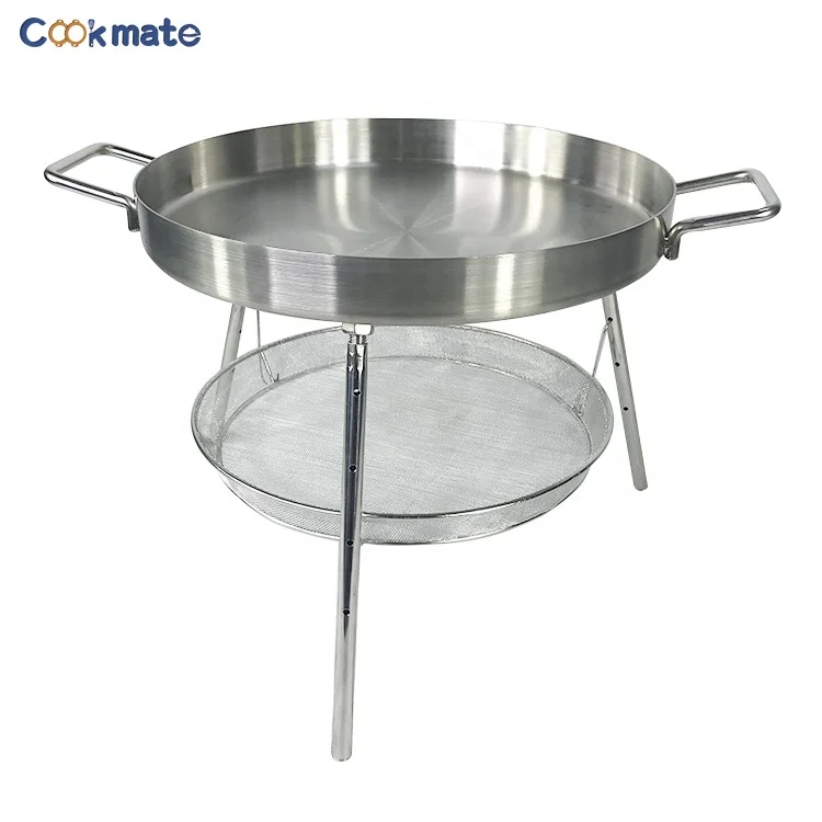 Large BBQ Cooking Stainless Steel Multi Fry Pan Flat Comales with Handles and Choal Basket
